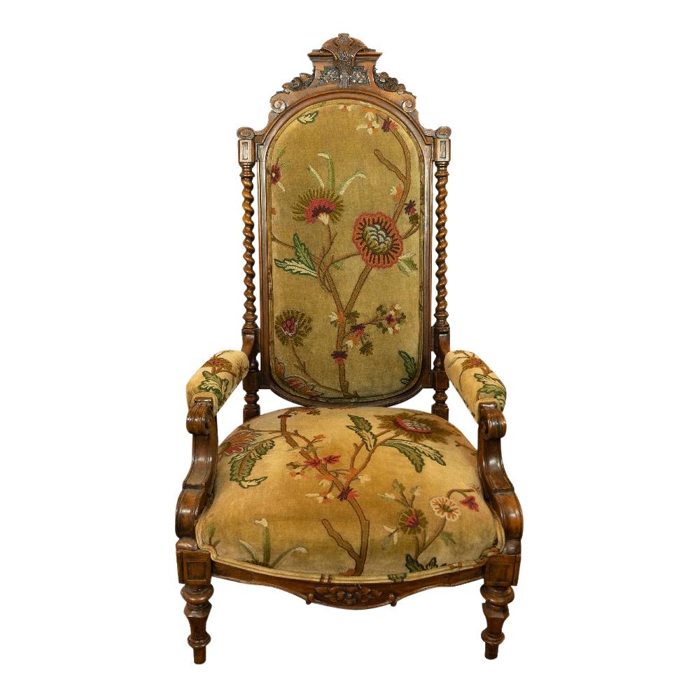 High Back Antique Wooden Carved Upholstered Arm Chair For Sale