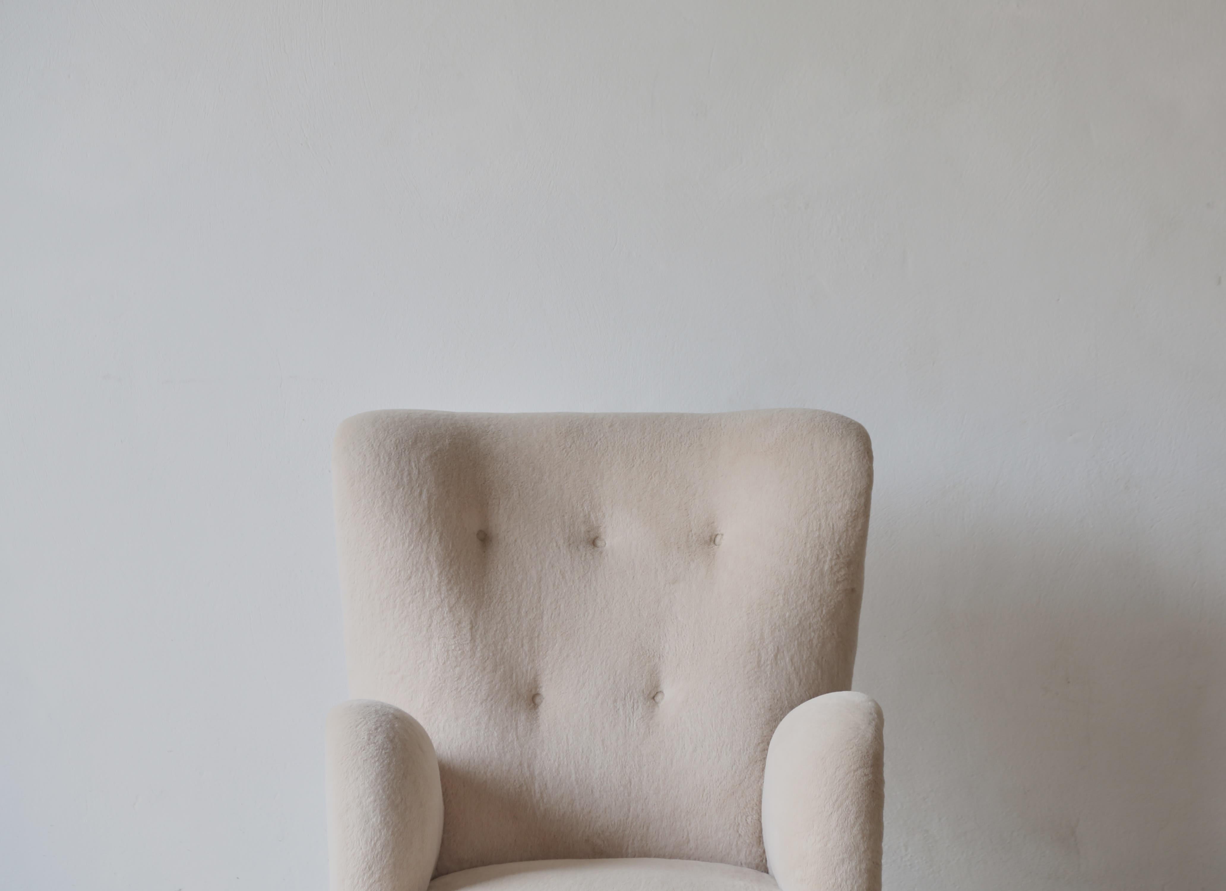 British High Back Arm Chairs, Upholstered in Pure Alpaca For Sale