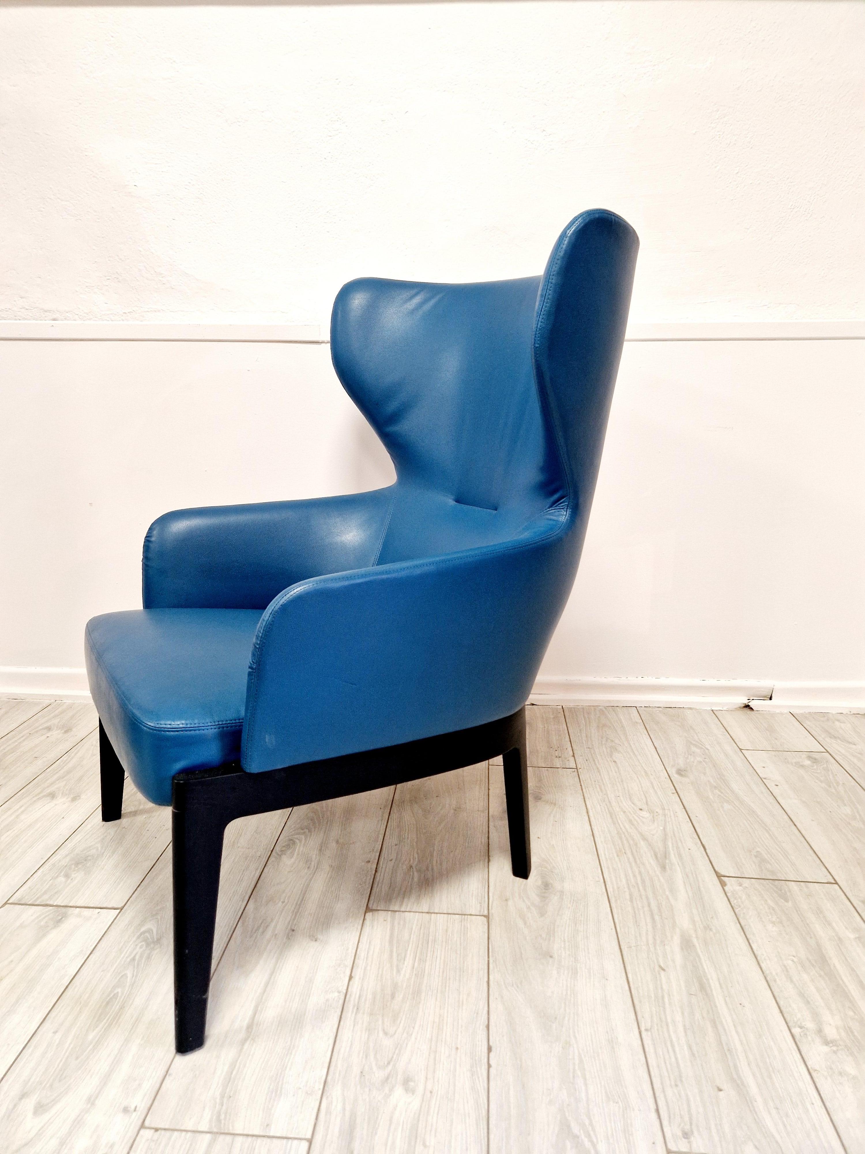 Italian Rodolfo Dordoni High back Blue Leather Armchair For Sale