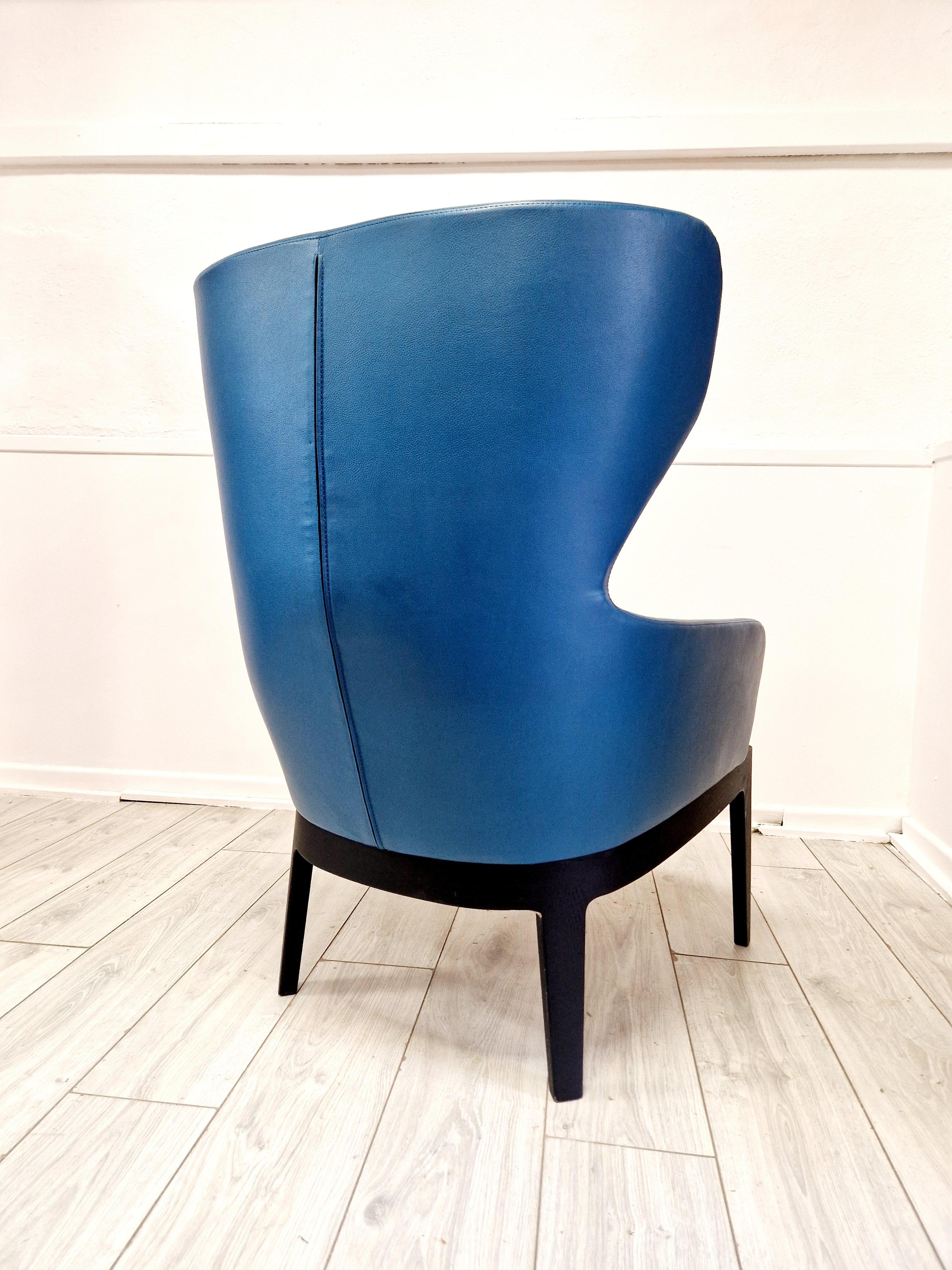 Rodolfo Dordoni High back Blue Leather Armchair For Sale 2