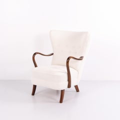 High-Back Armchair Model 23B in Polished Wood & Light Upholstery, 1940s