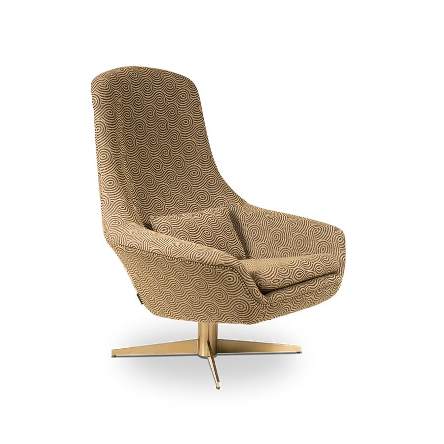 Contemporary High Back Armchair with Rotating Inox Base in Brass Effect For Sale