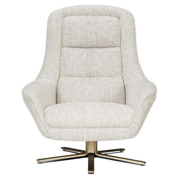 High Back Armchair with Rotating Inox Base in Brass Effect For Sale