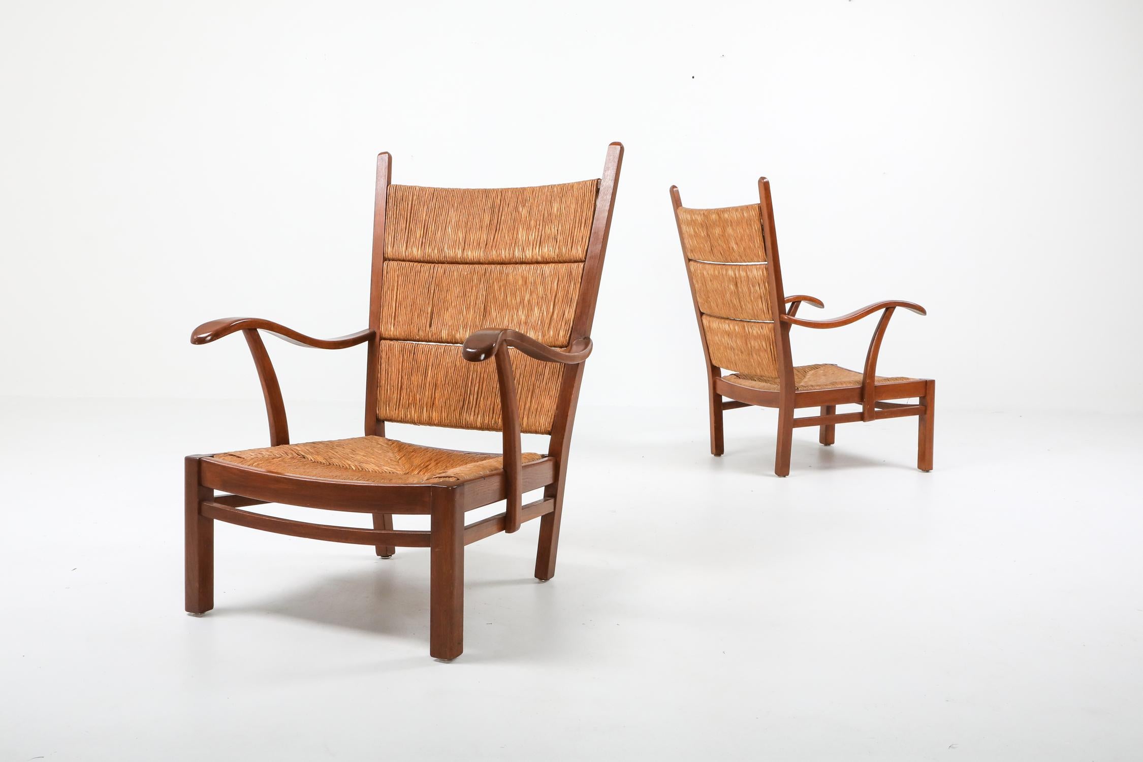 Mid-20th Century Bas Van Pelt attributed High Back Armchairs in Oak and Straw