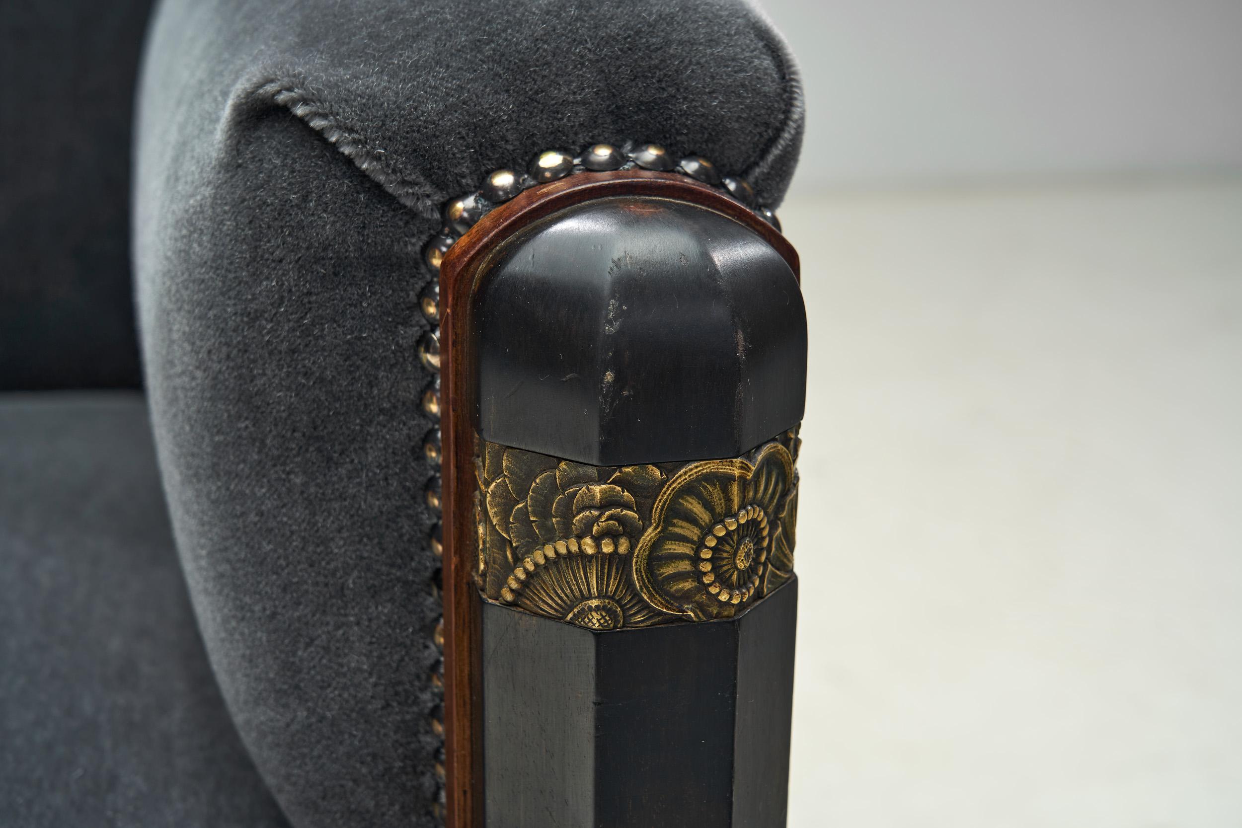 Sedia da salotto Art Deco con schienale alto ed elementi in ottone, Francia, circa 1930 in vendita 6