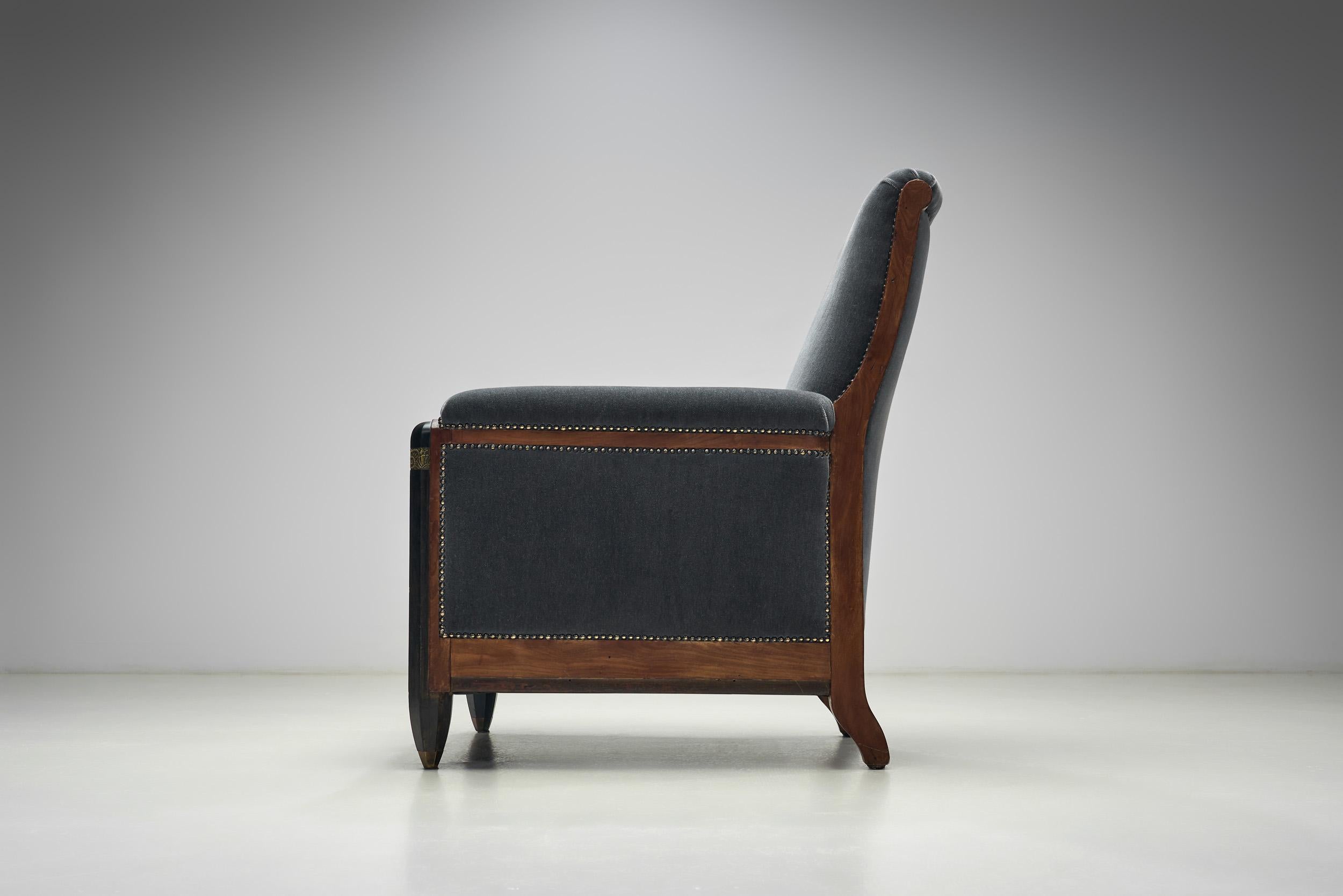 Sedia da salotto Art Deco con schienale alto ed elementi in ottone, Francia, circa 1930 in vendita 9