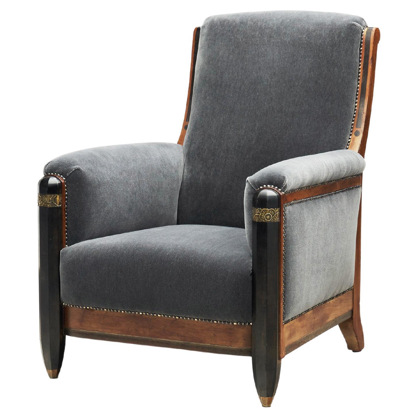 High-back Art Deco Lounge Chair with Brass Elements, France circa 1930s