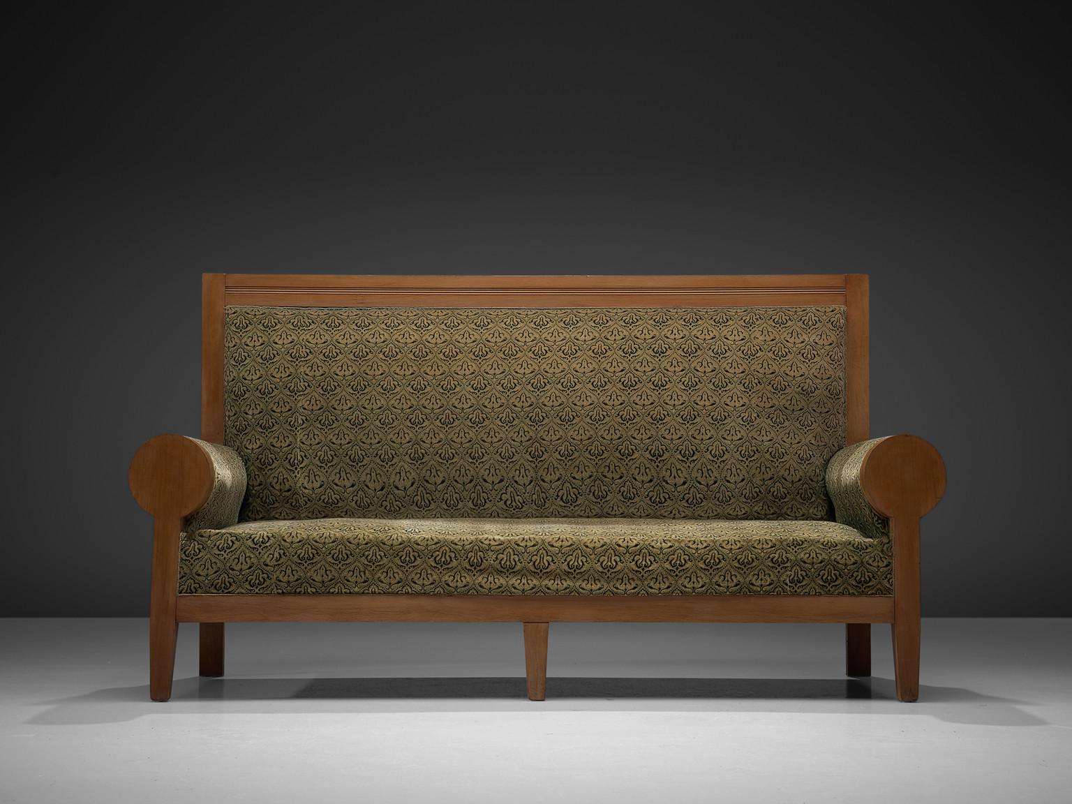 Sofa in beech and fabric, Europe, 1940s.

A stately settee in green fabric upholstery. This bench has a majestic appearance, due the high back and luxurious upholstery. The rounded armrests emphasize this royal expression. The warm colored wood