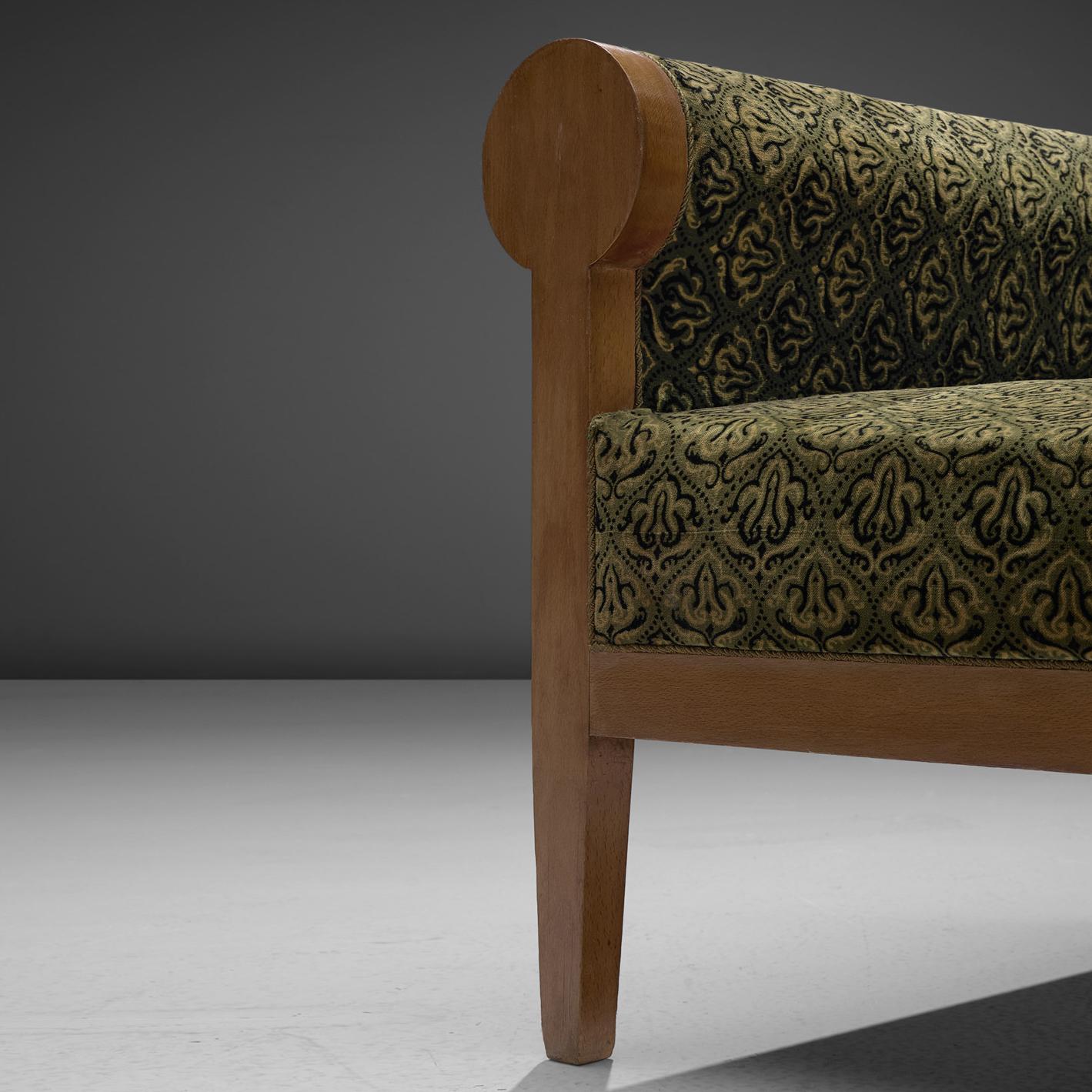 Italian High Back Art Deco Sofa in Green Fabric Upholstery