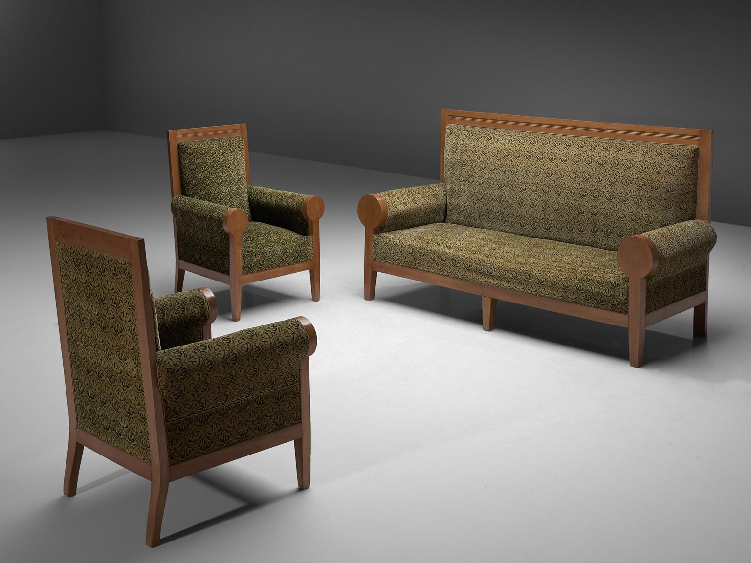 Mid-20th Century High Back Art Deco Sofa in Green Fabric Upholstery