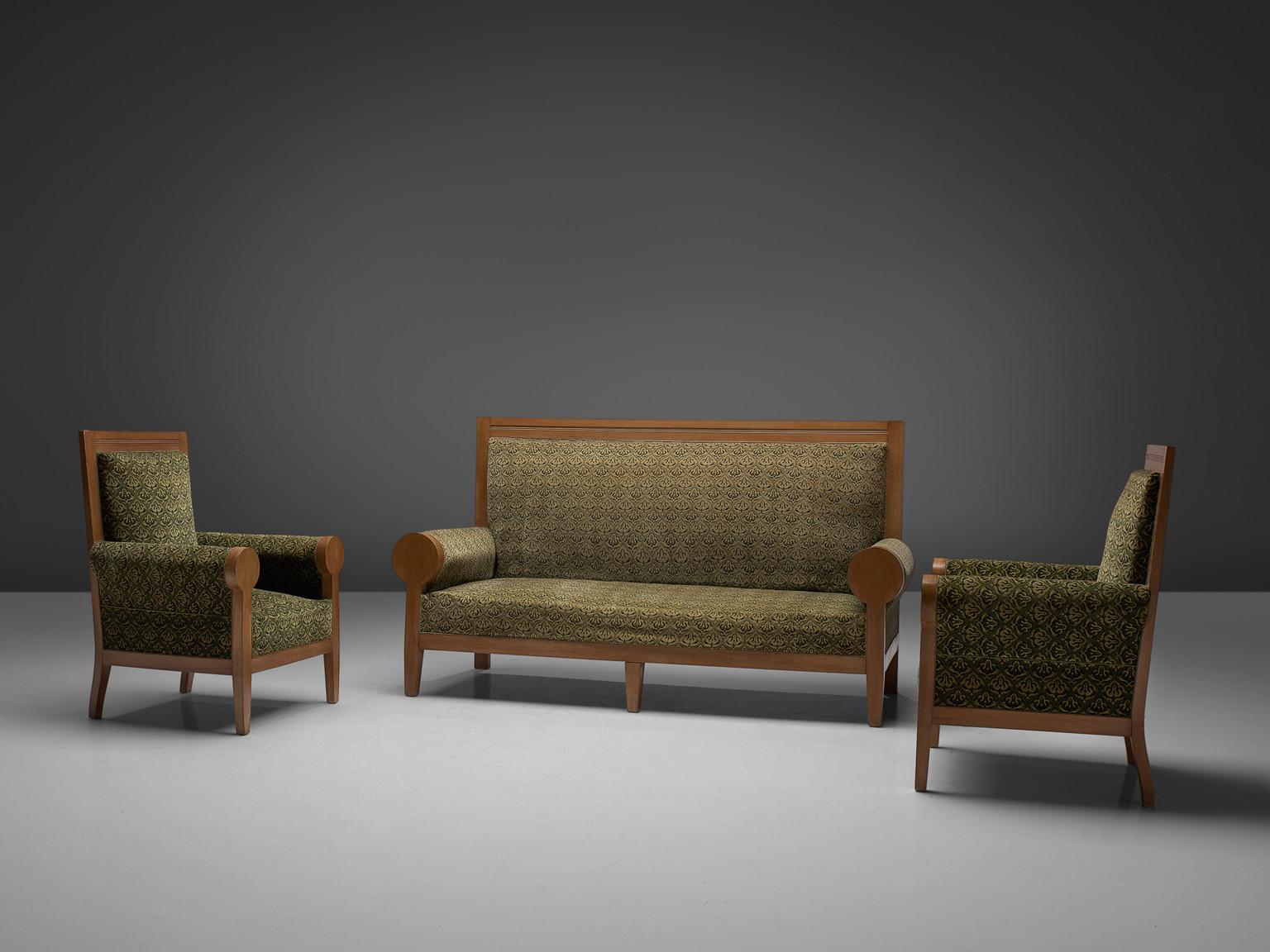 High Back Art Deco Sofa in Green Fabric Upholstery 1
