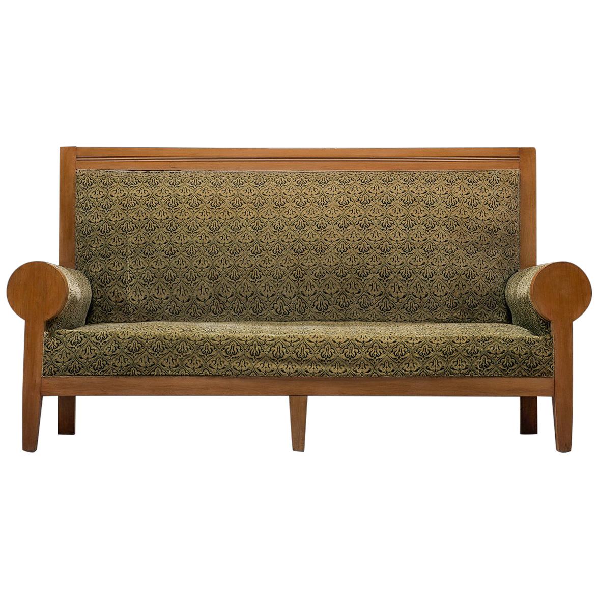 High Back Art Deco Sofa in Green Fabric Upholstery