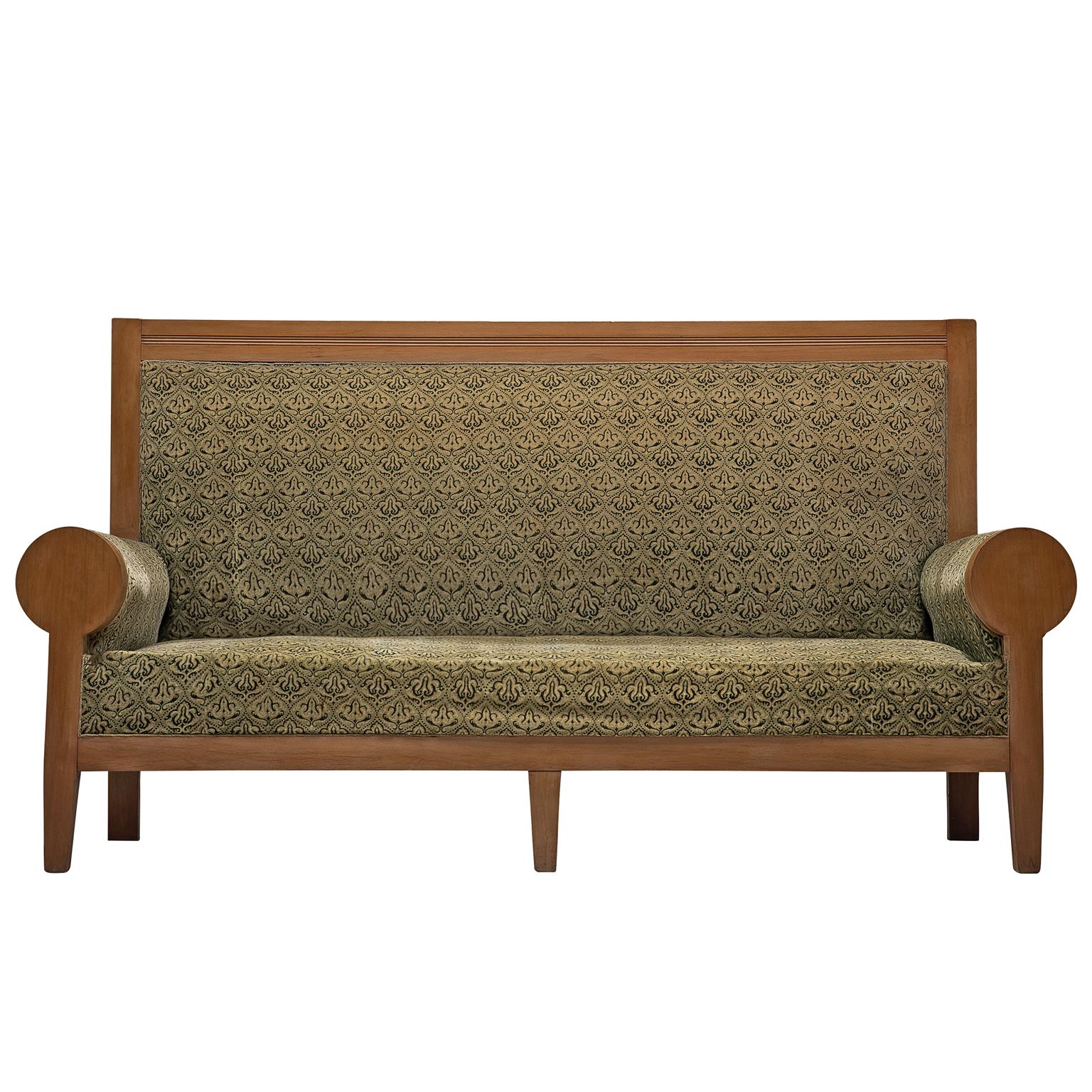 High Back Art Deco Sofa in Green Fabric Upholstery