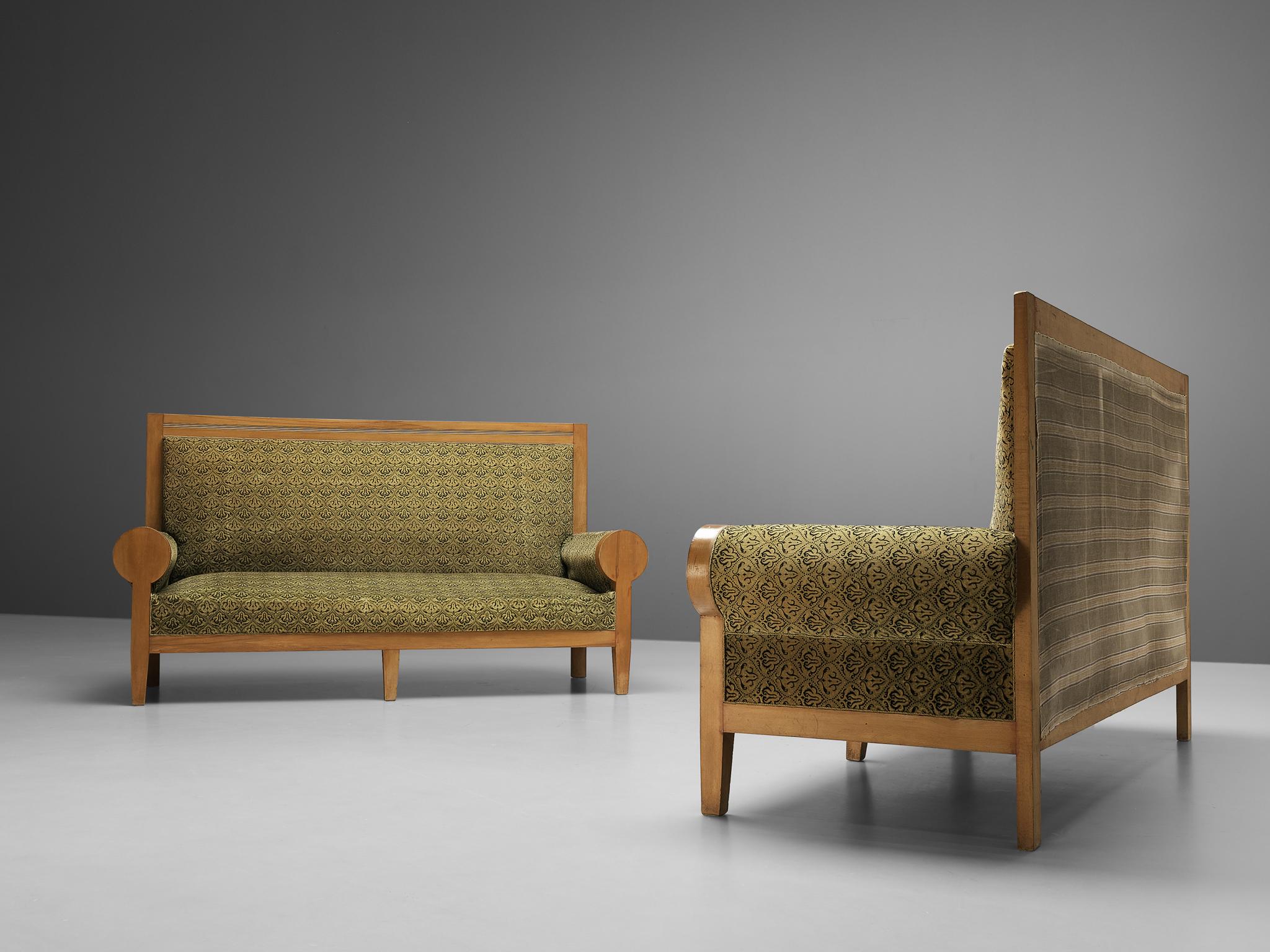 High Back Art Deco Sofas in Green Fabric Upholstery 4