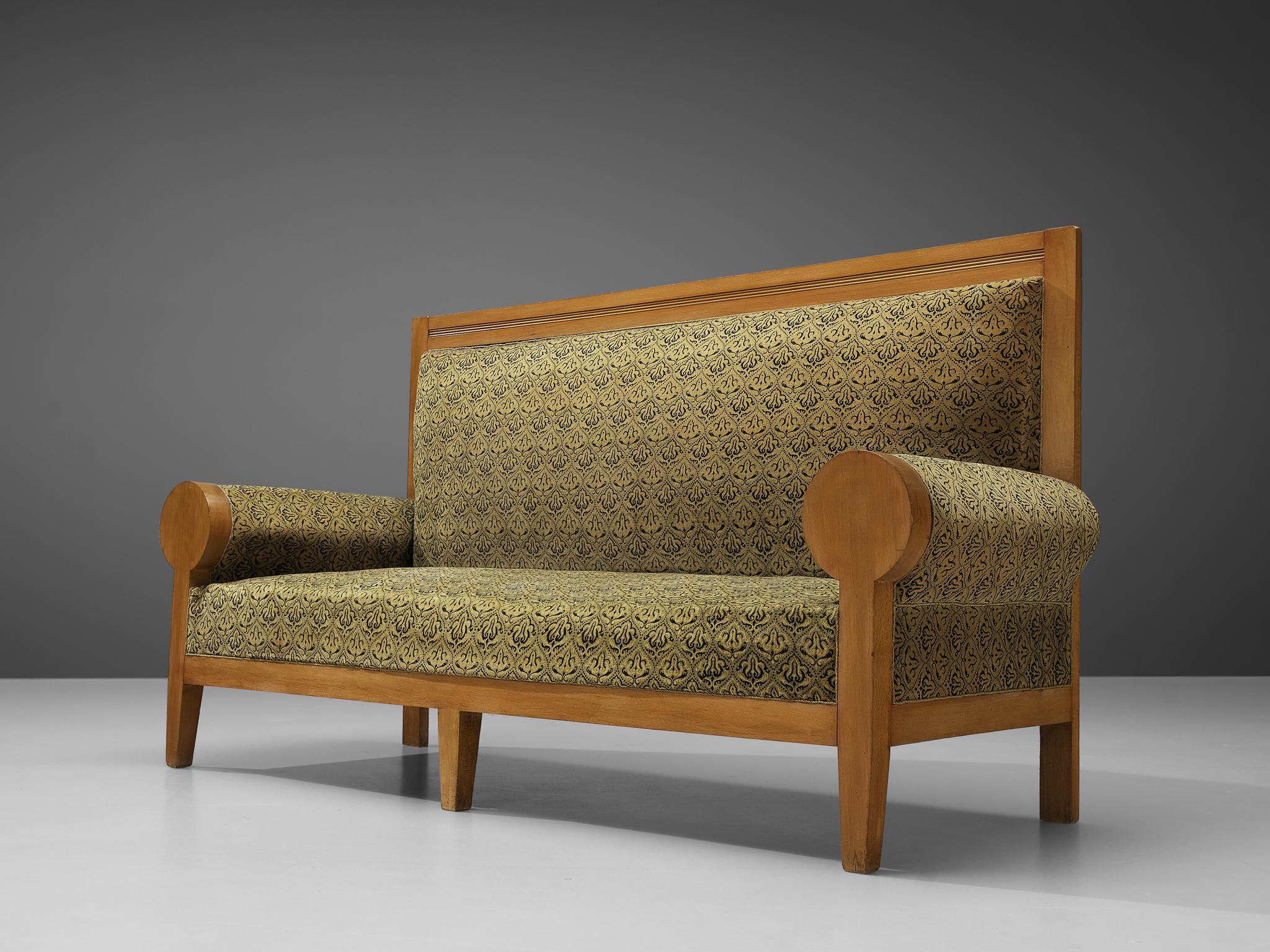 Italian High Back Art Deco Sofas in Green Fabric Upholstery