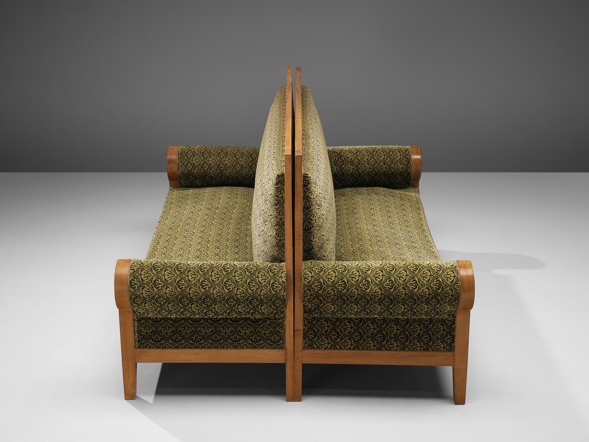 Mid-20th Century High Back Art Deco Sofas in Green Fabric Upholstery
