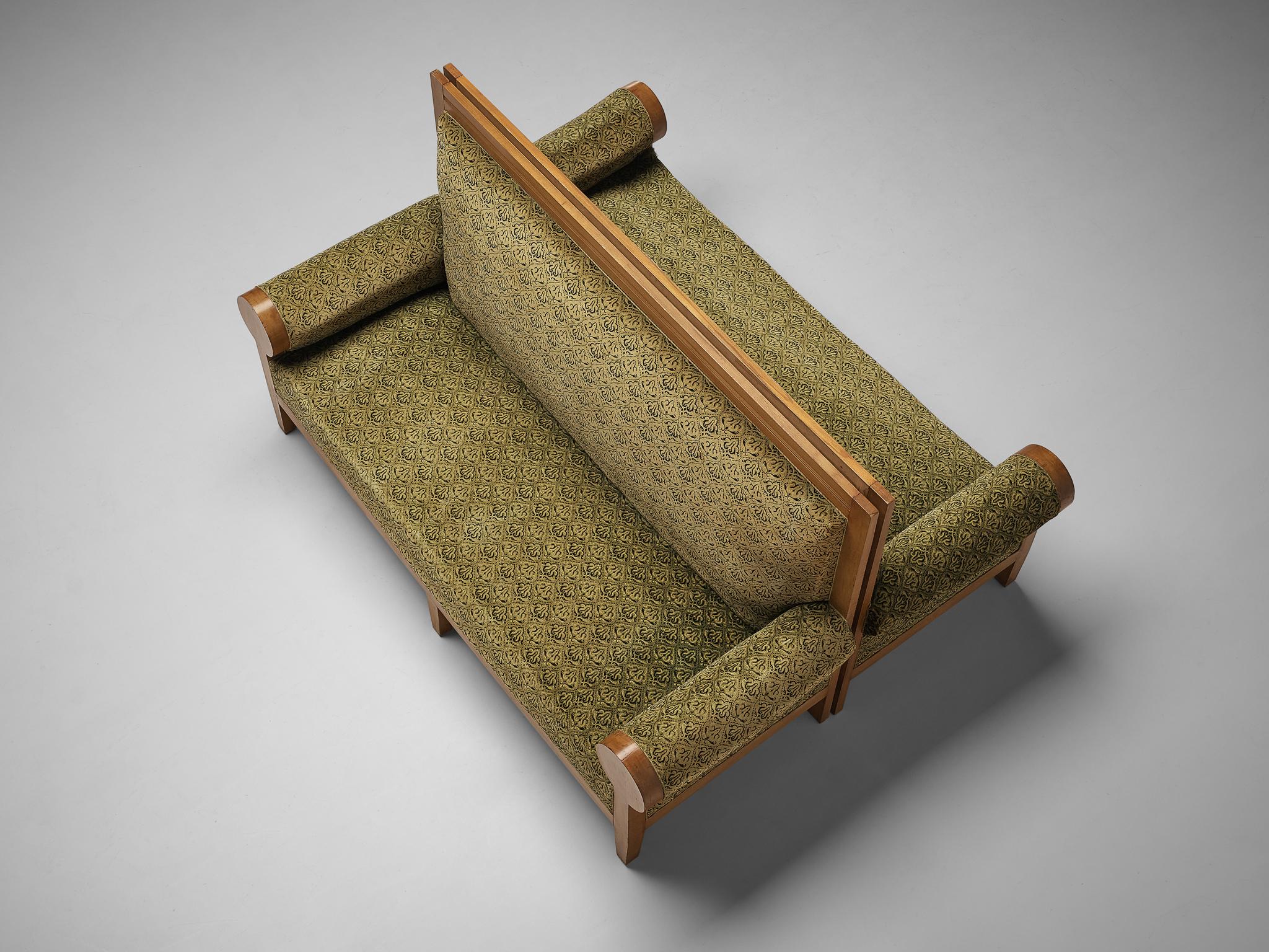 High Back Art Deco Sofas in Green Fabric Upholstery 2