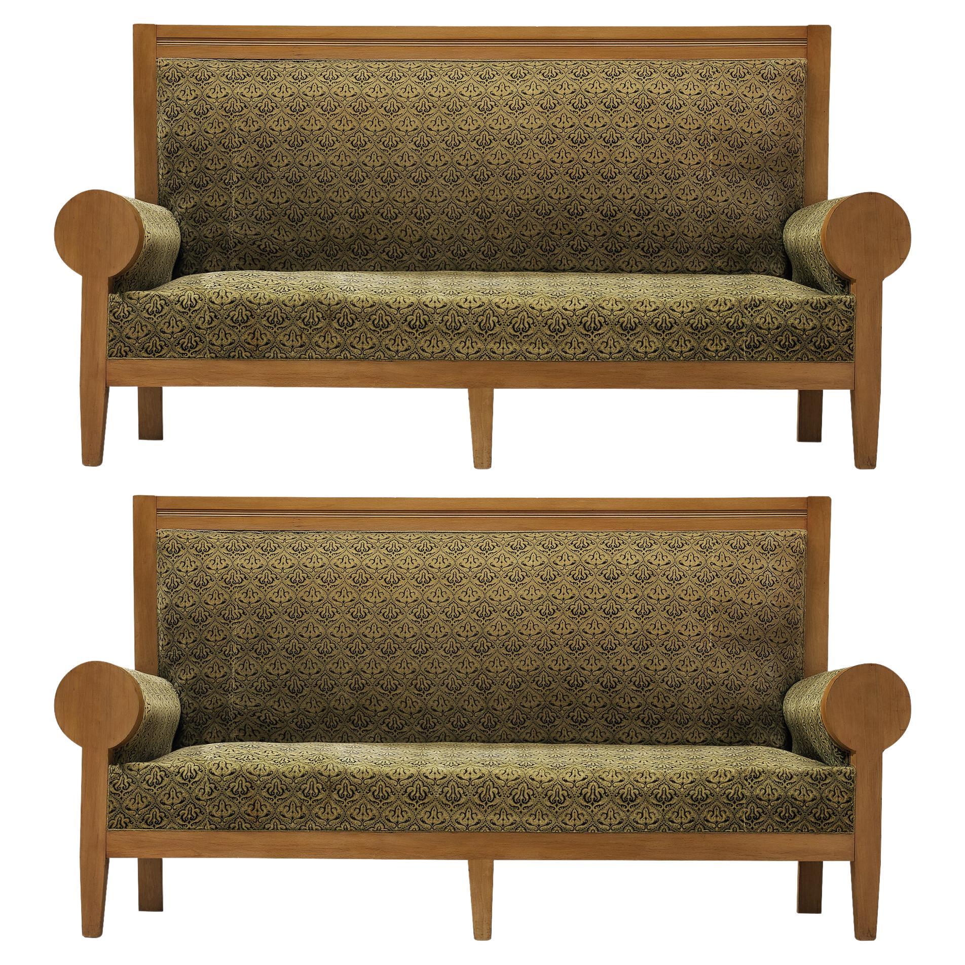 High Back Art Deco Sofas in Green Fabric Upholstery