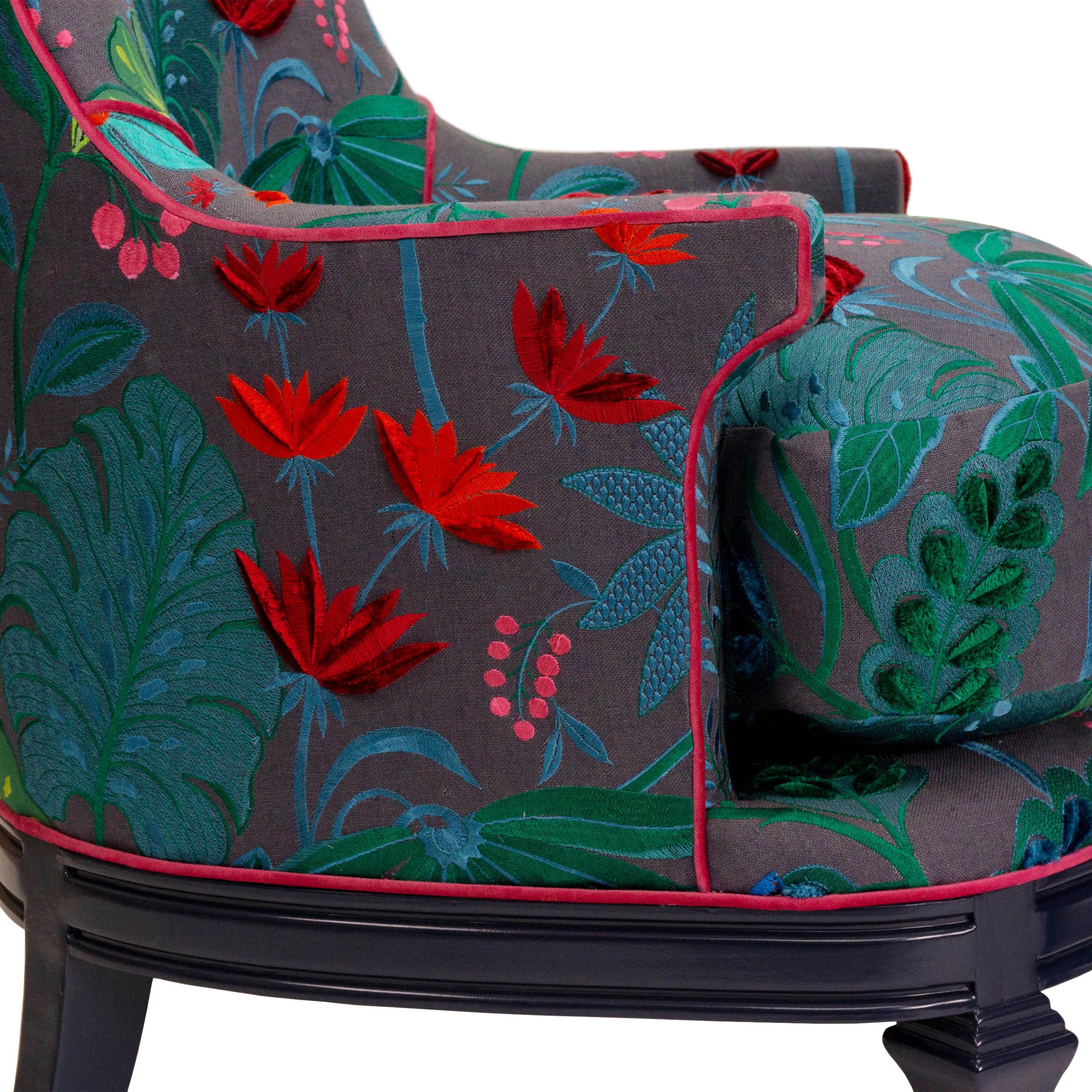 High Back Barrel Chair in Colorful Floral Embroidered Linen For Sale 1