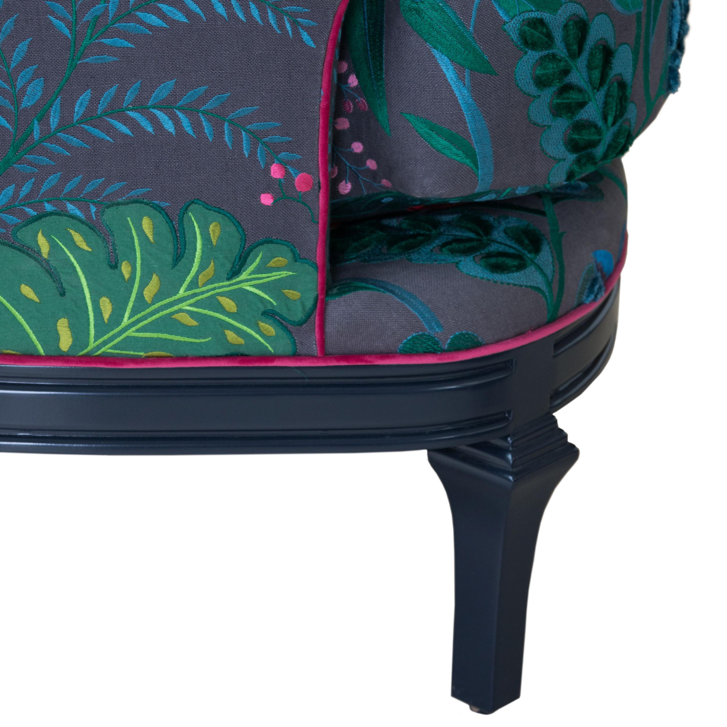 High Back Barrel Chair in Colorful Floral Embroidered Linen For Sale 3
