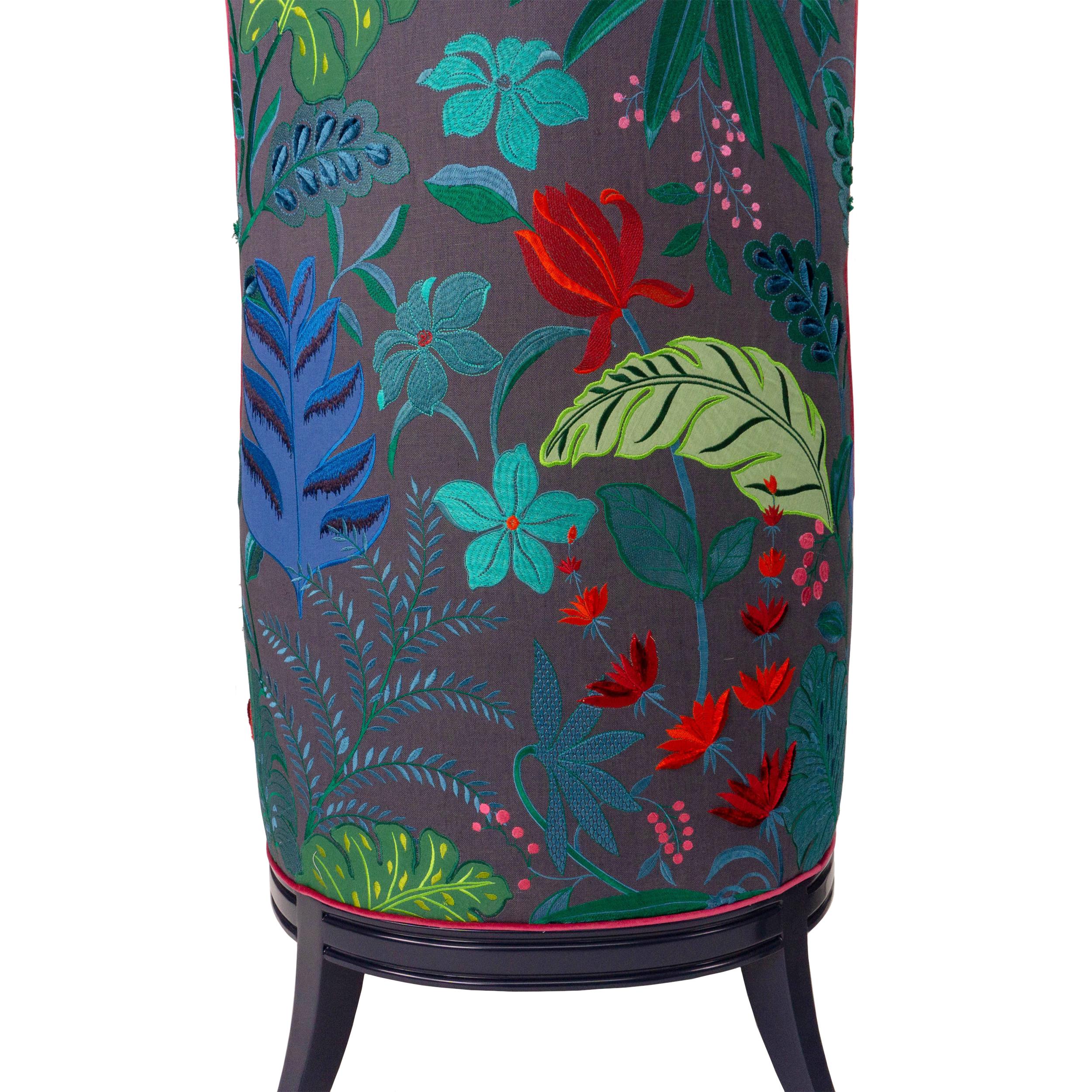 Mid-Century Modern High Back Barrel Chair in Colorful Floral Embroidered Linen For Sale