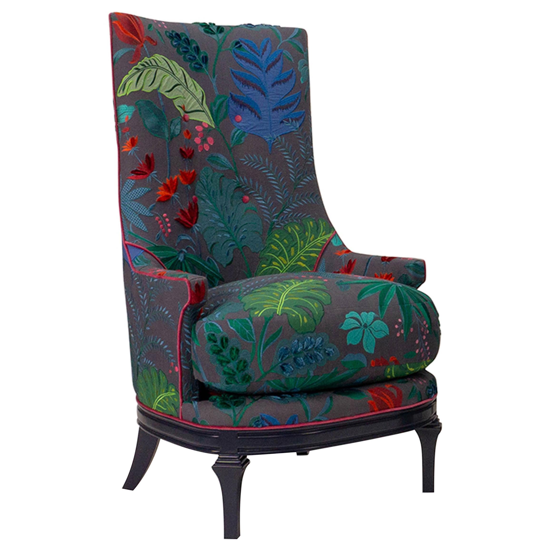 High Back Barrel Chair in Colorful Floral Embroidered Linen