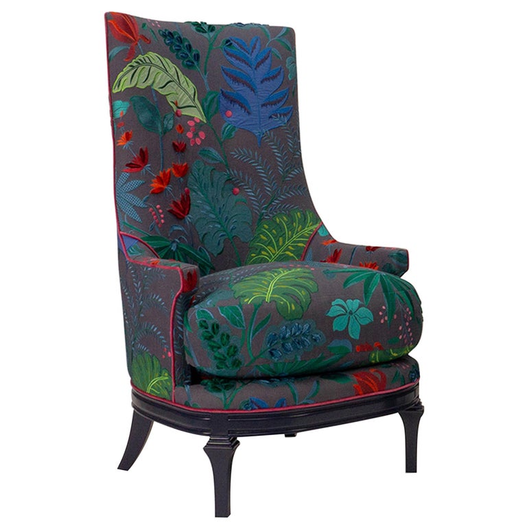 High Back Barrel Chair in Colorful Floral Embroidered Linen For Sale at