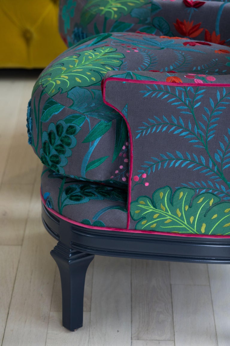 High Back Barrel Chairs in Colorful Floral Embroidered Linen For Sale