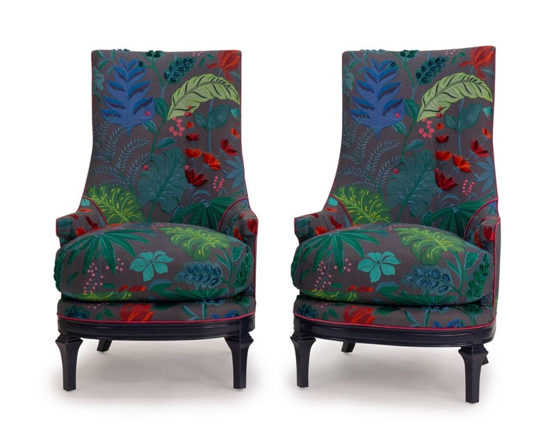 High Back Barrel Chairs in Colorful Floral Embroidered ...