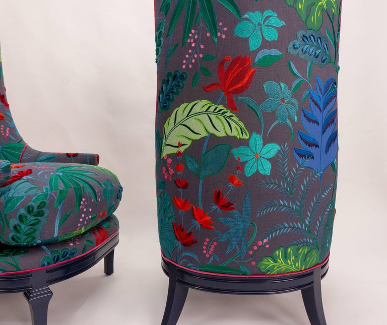 High Back Barrel Chairs in Colorful Floral Embroidered Linen For Sale