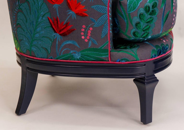 High Back Barrel Chairs in Colorful Floral Embroidered Linen For Sale
