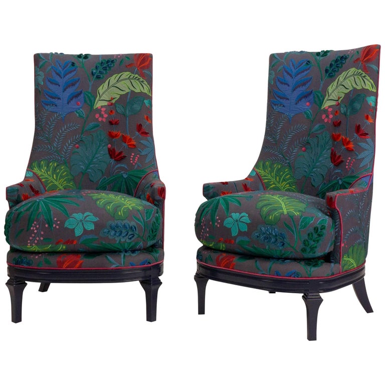 High Back Barrel Chairs in Colorful Floral Embroidered Linen For Sale