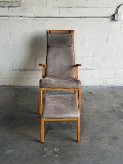 High-Back Bentwood Lounge Beige Chair and Ottoman Mid-Century Modern 1970s