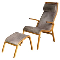 High-Back Bentwood Lounge Beige Chair and Ottoman Mid-Century Modern 1970s