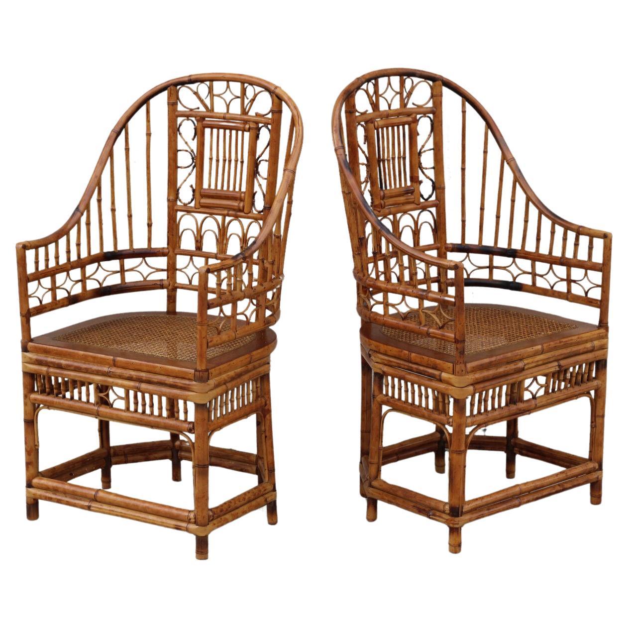 Chinese High Back Brighton Pavilion Style Burnt Bamboo Cane Armchairs, a Pair For Sale