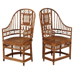 Pair of Brighton Pavilion Style Burnt Bamboo Cane High Back Armchairs