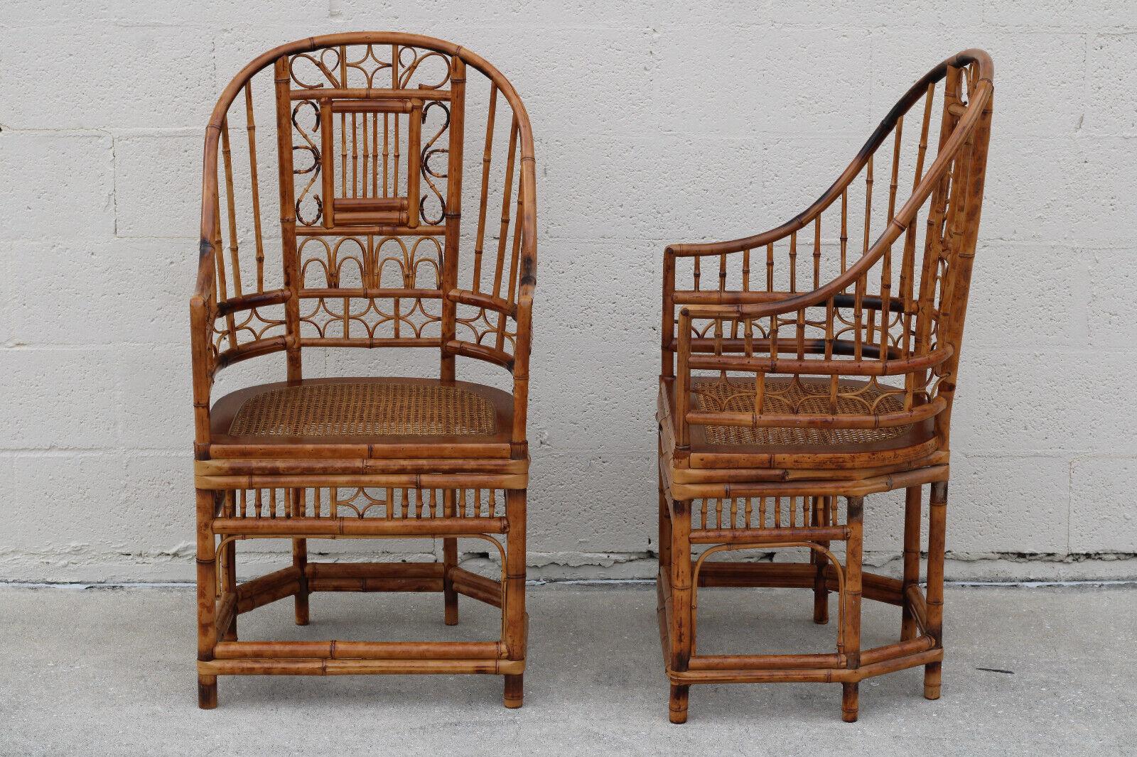 High Back Brighton Pavilion Style Burnt Bamboo Cane Armchairs, a Pair In Good Condition For Sale In Vero Beach, FL