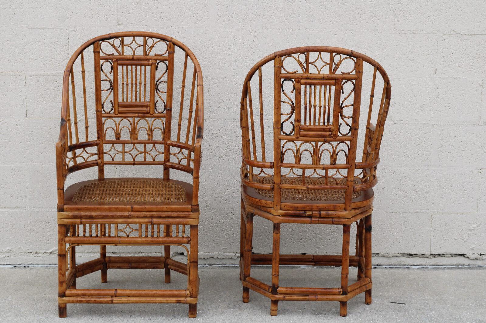 High Back Brighton Pavilion Style Burnt Bamboo Cane Armchairs, a Pair For Sale 1