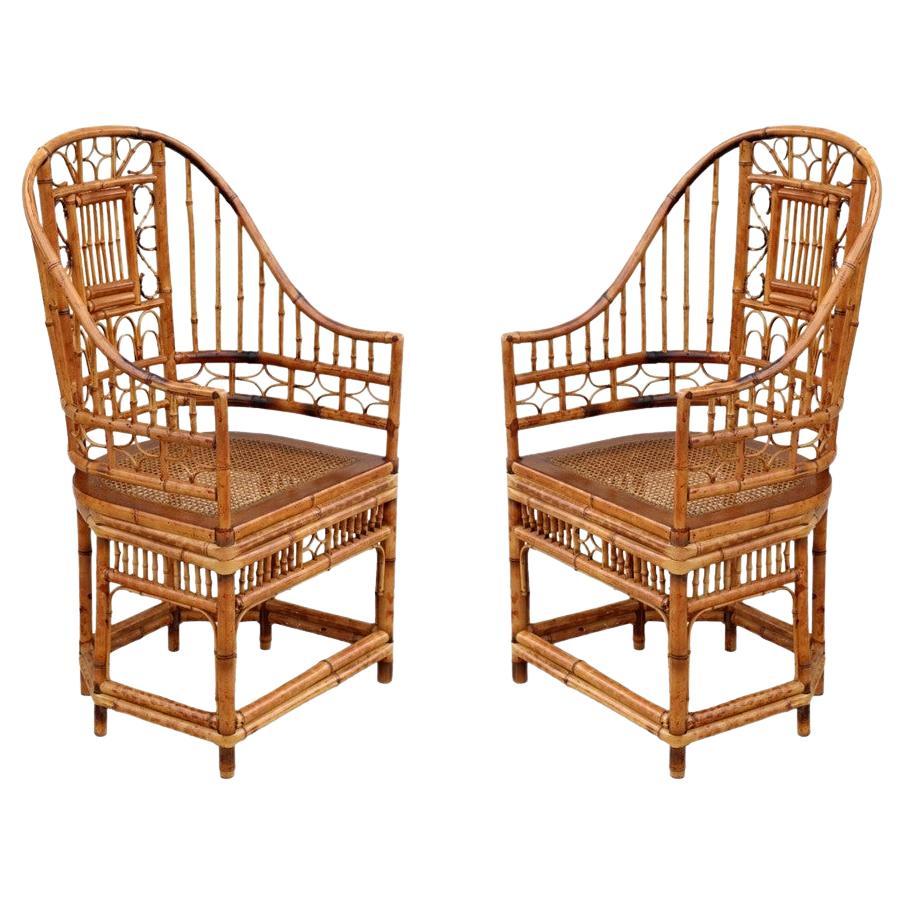 High Back Brighton Pavilion Style Burnt Bamboo Cane Armchairs, a Pair