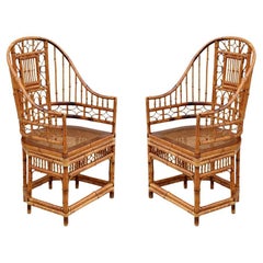 Antique High Back Brighton Pavilion Style Burnt Bamboo Cane Armchairs, a Pair