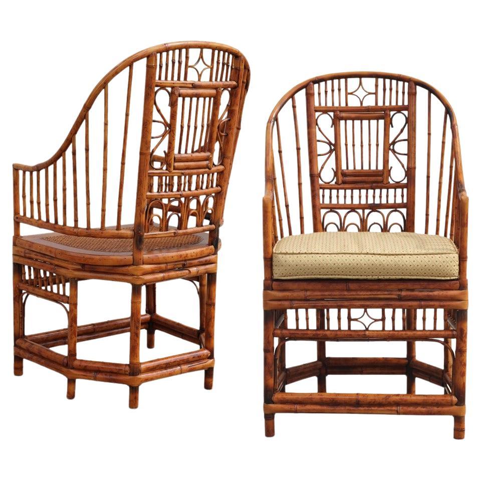 High Back Brighton Pavilion Style Tortoiseshell Bamboo Cane Armchairs, a Pair For Sale