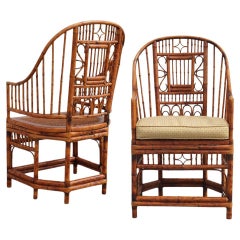 Vintage High Back Brighton Pavilion Style Tortoiseshell Bamboo Cane Armchairs, a Pair