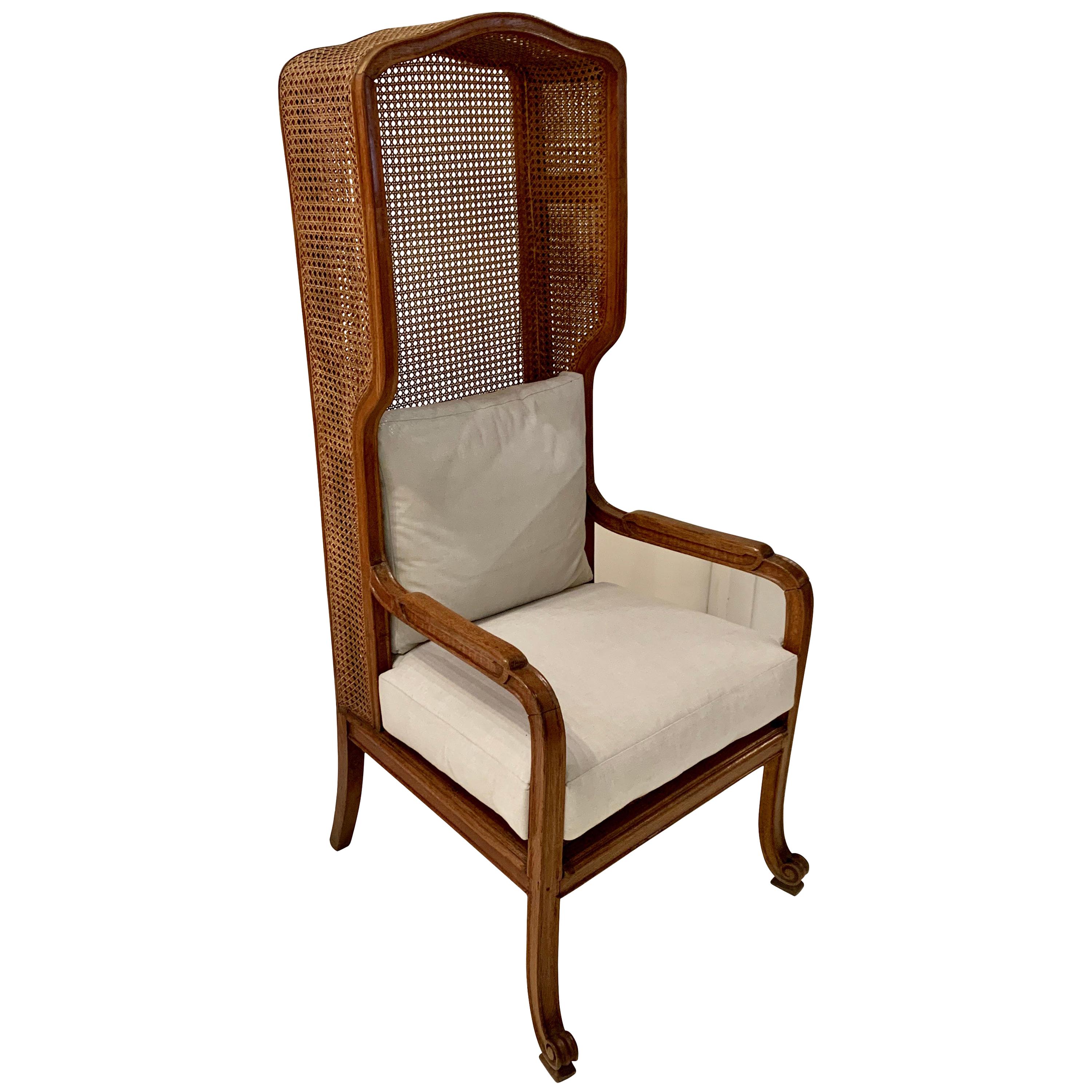 Upholstered High Back Cane Wing Chair, France, 1920s
