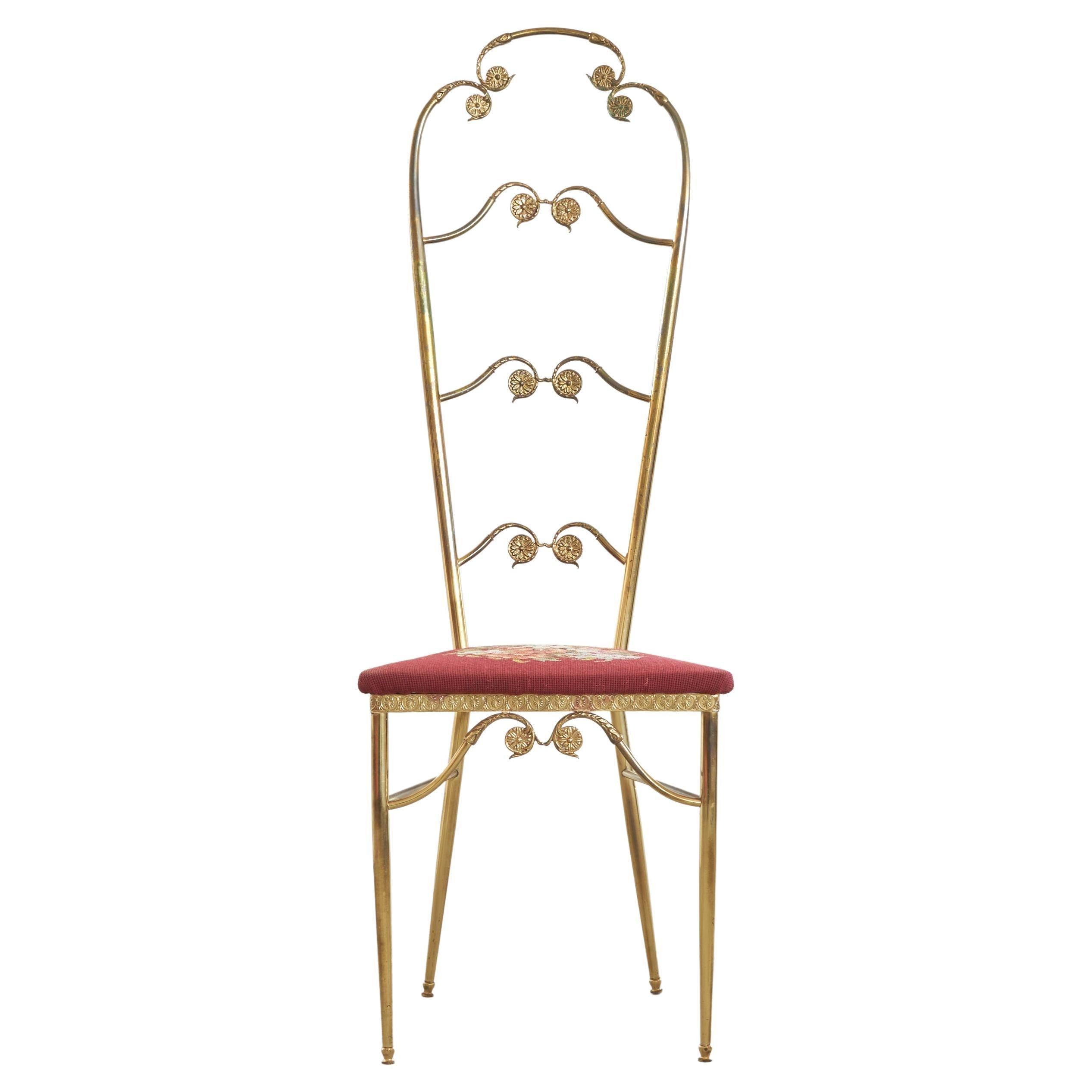 High Back Chiavari Chair in Brass and Embroidery, 1960s