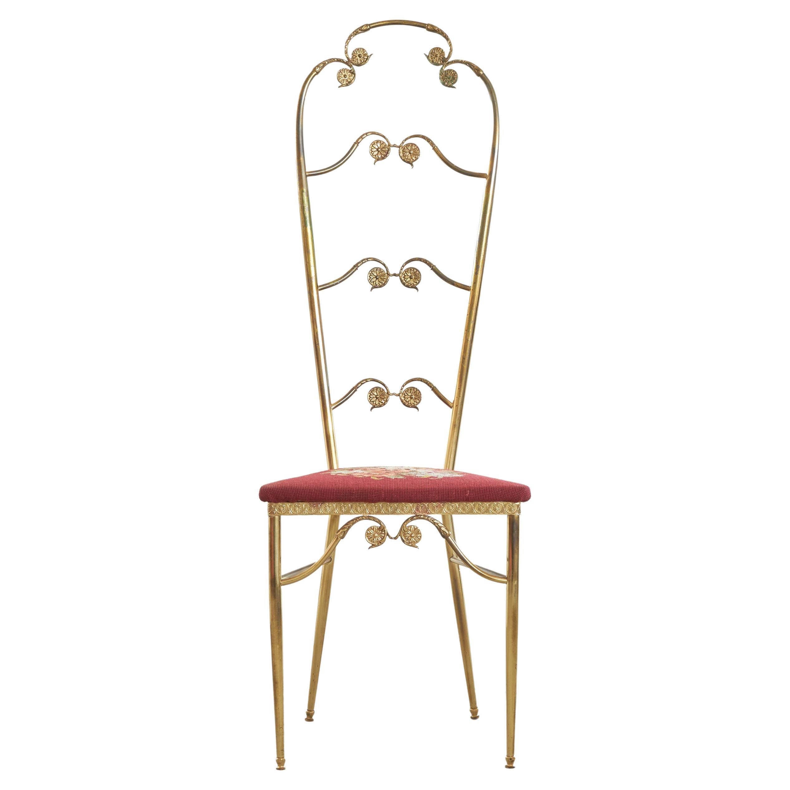 High Back Chiavari Chair in Brass and Embroidery, 1960s