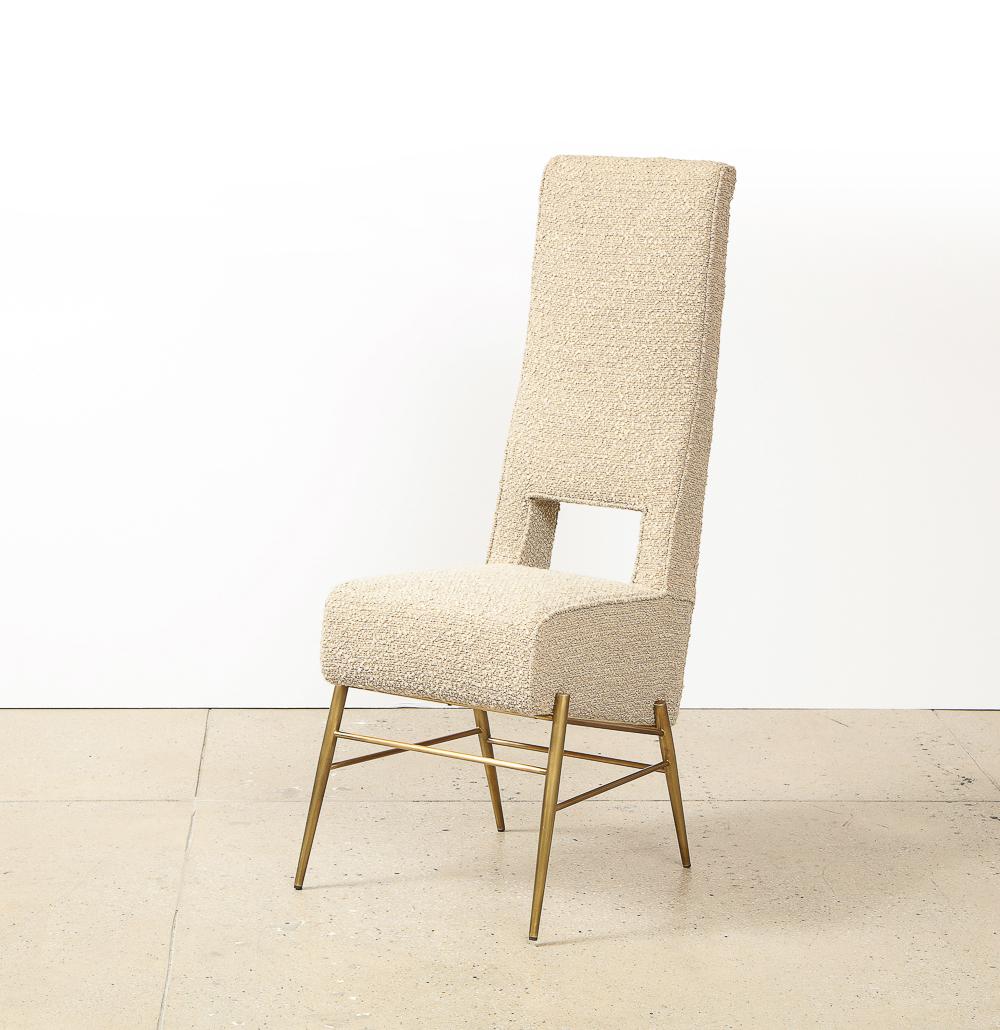 Brass, fabric. Elegant contemporary dining chairs with solid brass cradle bases and great detailing. These chairs are made to order in Italy. Lead time is 20-26 weeks. Check with us to see how many we might currently have in our inventory.