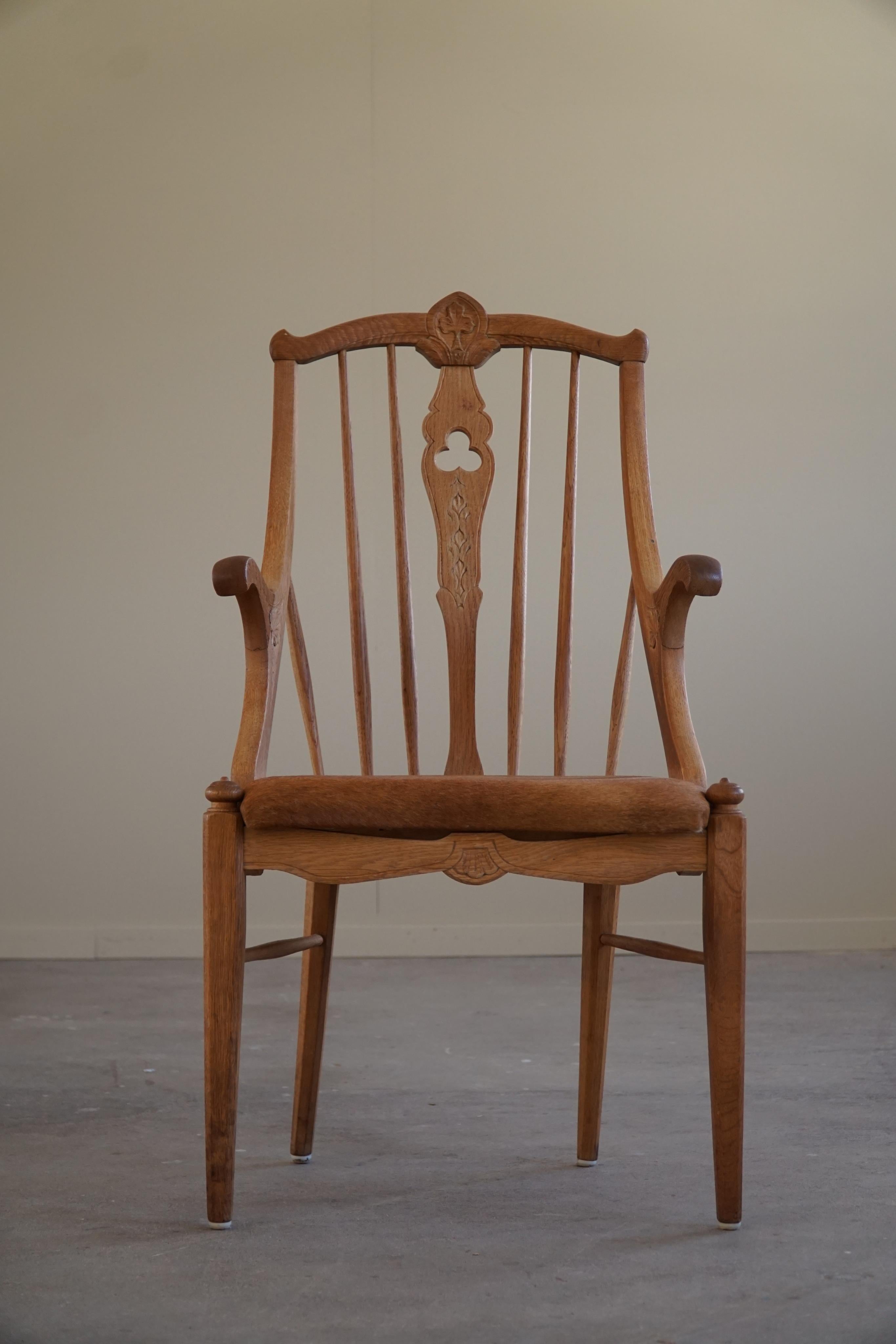 High Back Danish Armchair in Solid Oak & Leather Cushion, Mid Century, 1950s For Sale 4