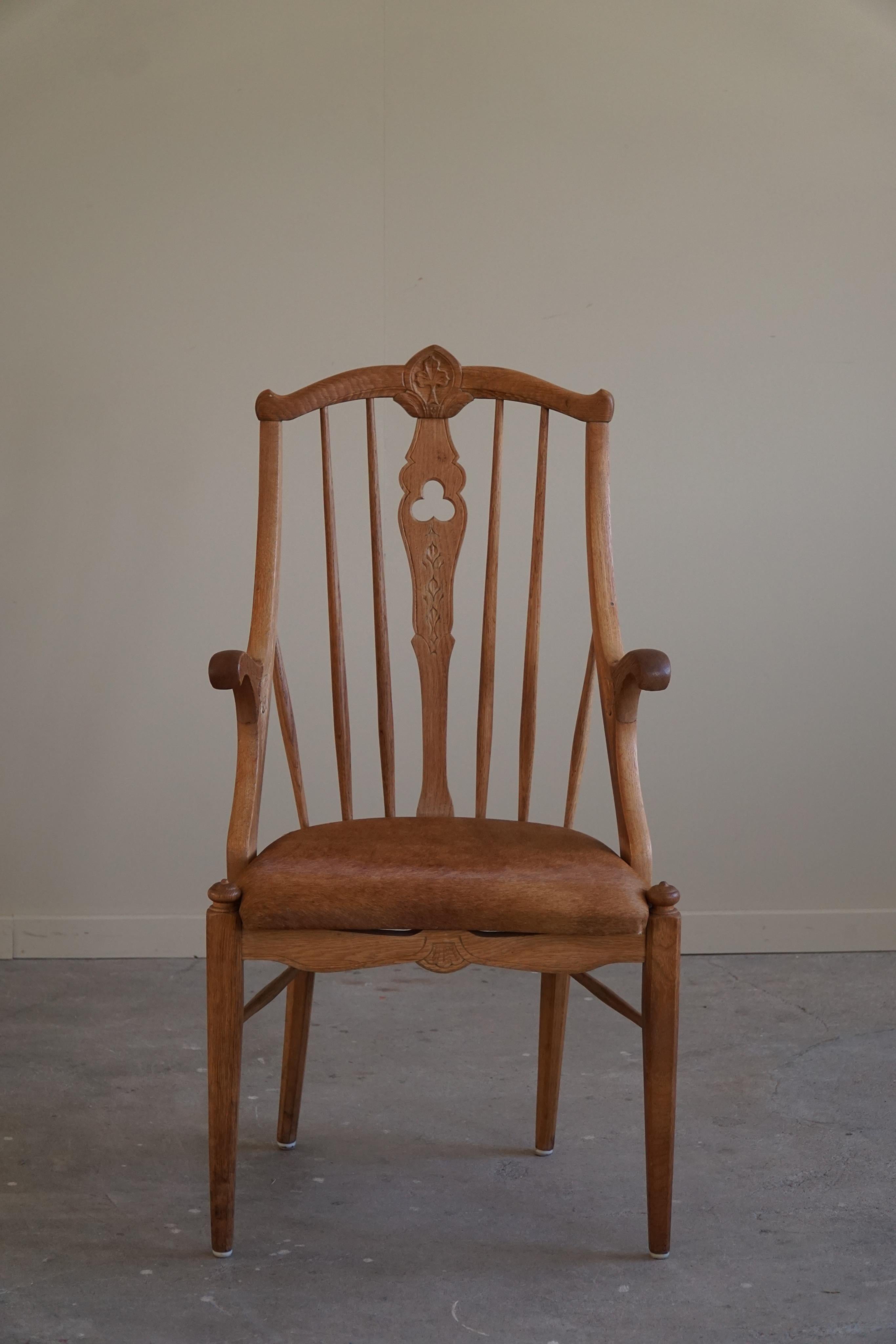 Fauteuil danois à haut dossier en Oak Oak massif et coussin en cuir, milieu du siècle, années 1950 en vente 4