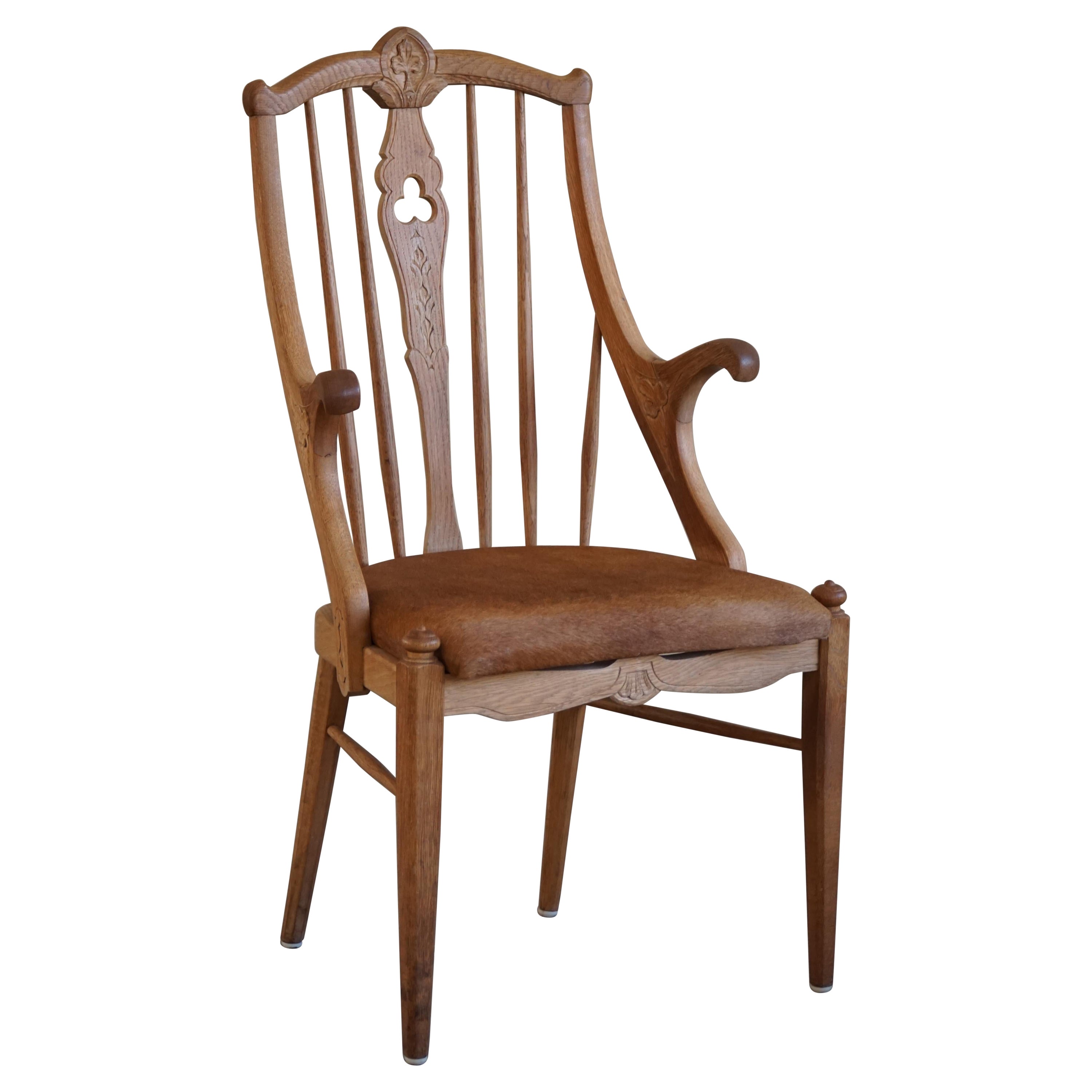 Poltrona danese con schienale alto in Oak massiccio e cuscino in pelle, metà secolo, anni '50
