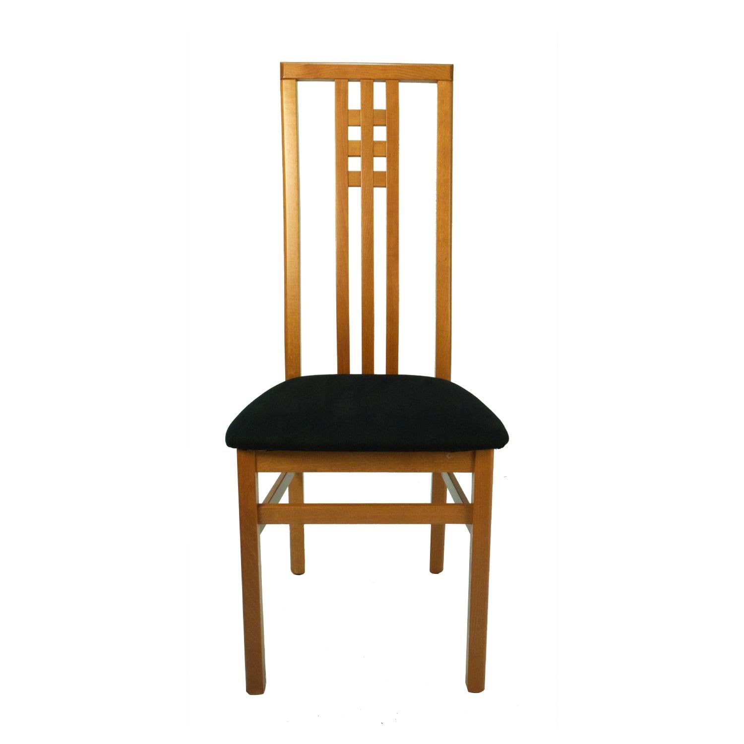 Striking set of eight Frank Lloyd Wright style cherrywood dining chairs. The solid cherry chairs were made in Italy and certainly show the Italian flair for fine design. The Frank Lloyd Wright inspired design features a high back with verticals
